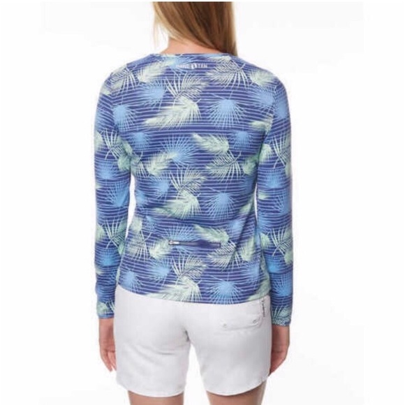 Womens Long Sleeve Rashguard UPF 50+ Shirt Large Tropical Leaf Stripe Swim Surf - Picture 2 of 14